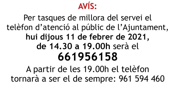 Canvi provissional del telèfon de l'Ajuntament