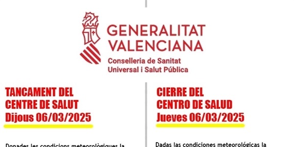 Es manté el tancament del Centre de Salut per al dijous 6 de març