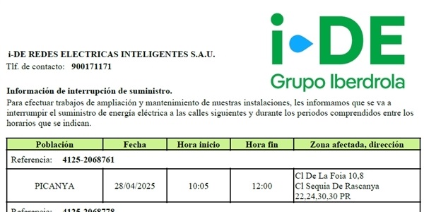 Talls de subministrament elèctric pels treballs de reconstrucció de les línies afectades per la DANA