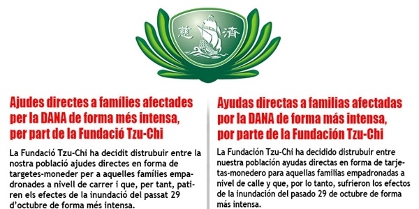 Ajudes directes a famílies afectades per la DANA de forma més intensa, per part de la Fundació Tzu-Chi