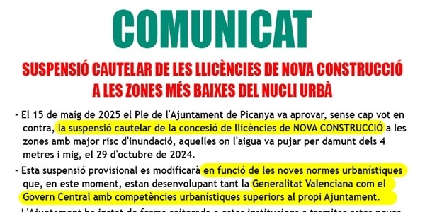 Suspensió cautelar de les llicències de nova construcció a les zones més baixes del nucli urbà